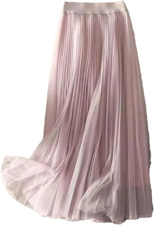 Women's Summer Solid Color Pleated Mesh Skirt Women Classic High Waisted Slim Skirt Lady Midi Skirt