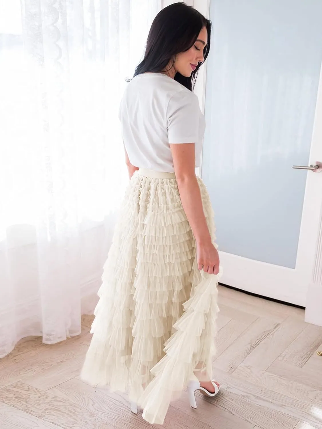 Women's Tiered Maxi Skirt A Line Ruffle Mesh Long Tulle Skirts High Waisted Layered Skirts Petticoat
