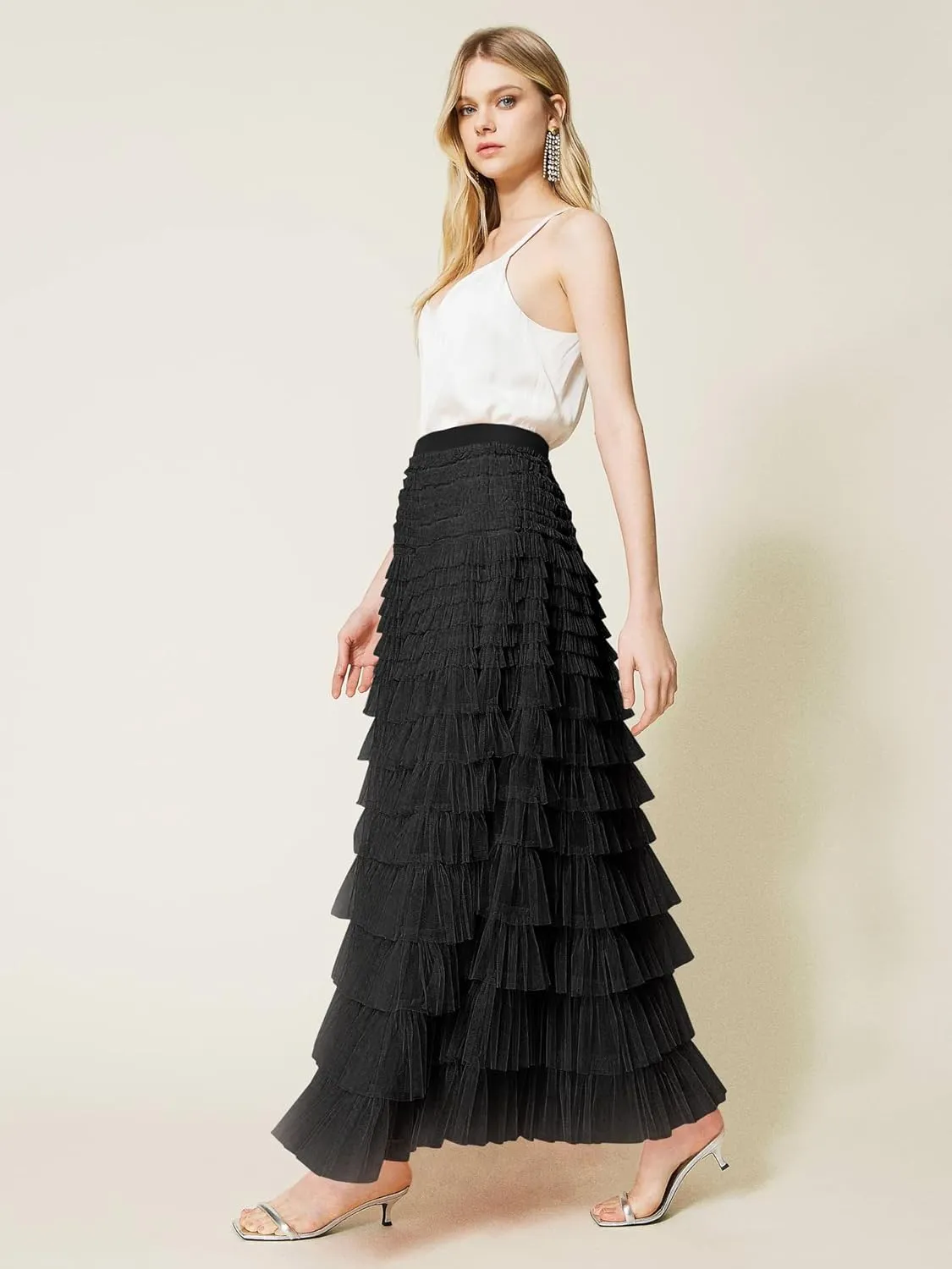 Women's Tiered Maxi Skirt A Line Ruffle Mesh Long Tulle Skirts High Waisted Layered Skirts Petticoat