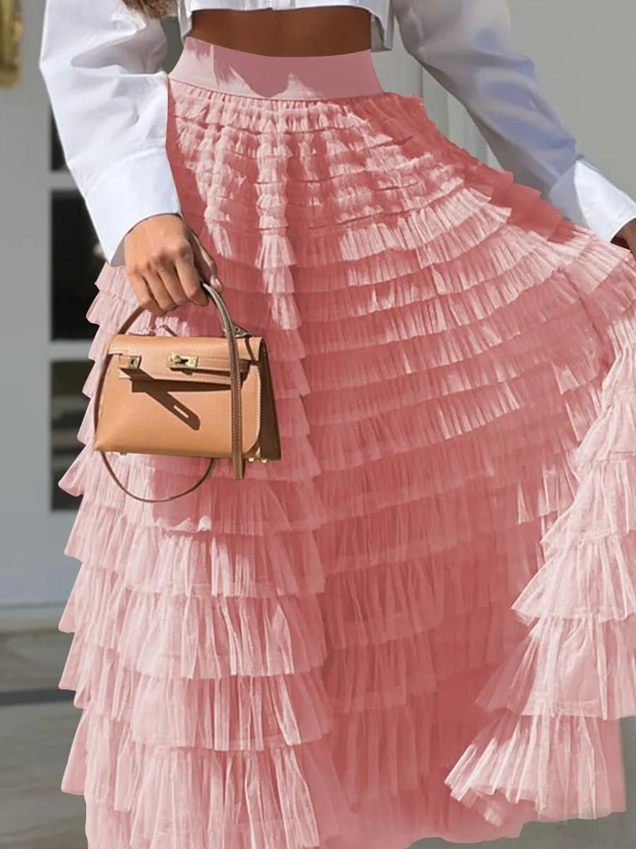 Women's Tiered Maxi Skirt A Line Ruffle Mesh Long Tulle Skirts High Waisted Layered Skirts Petticoat