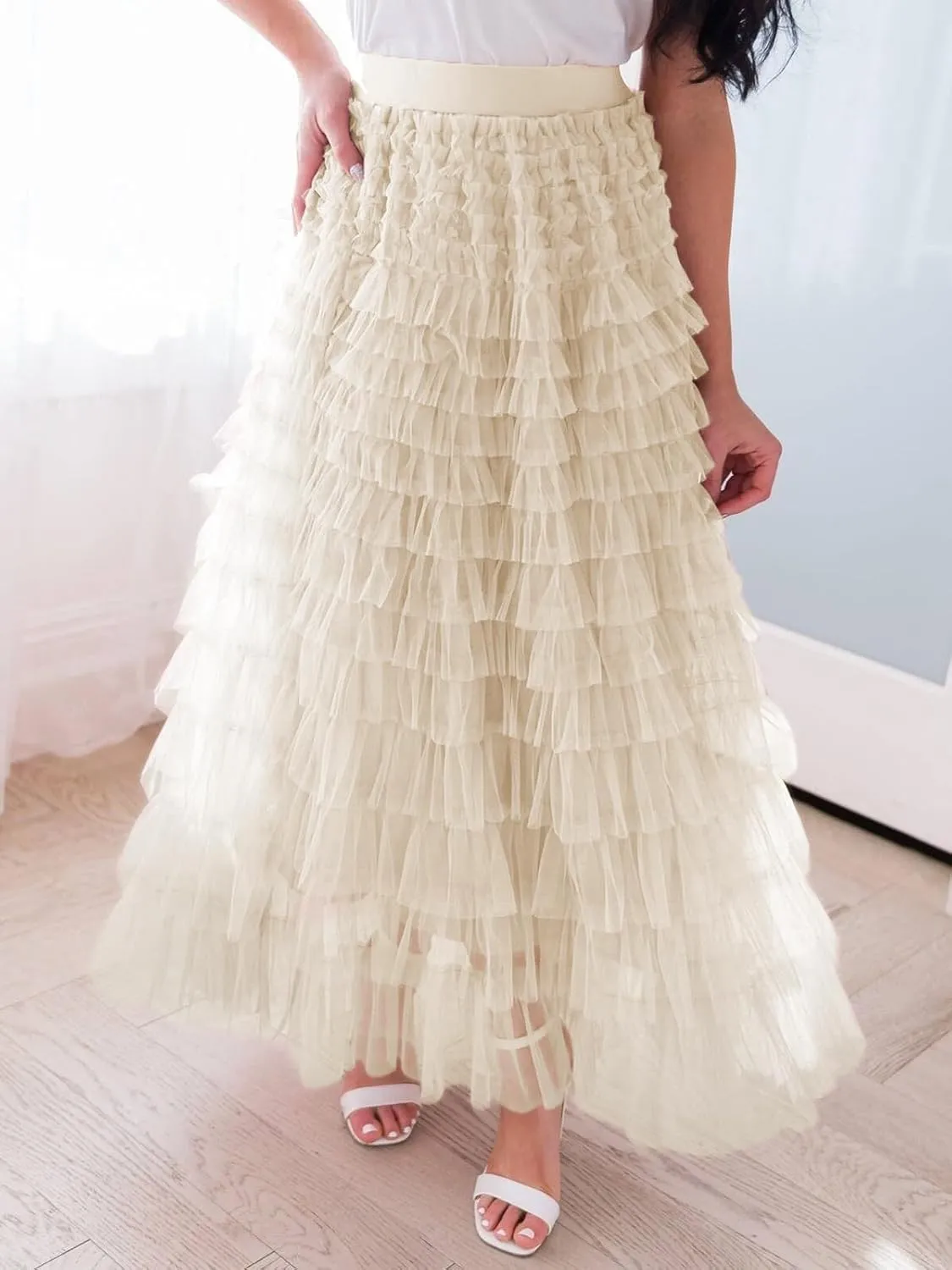 Women's Tiered Maxi Skirt A Line Ruffle Mesh Long Tulle Skirts High Waisted Layered Skirts Petticoat