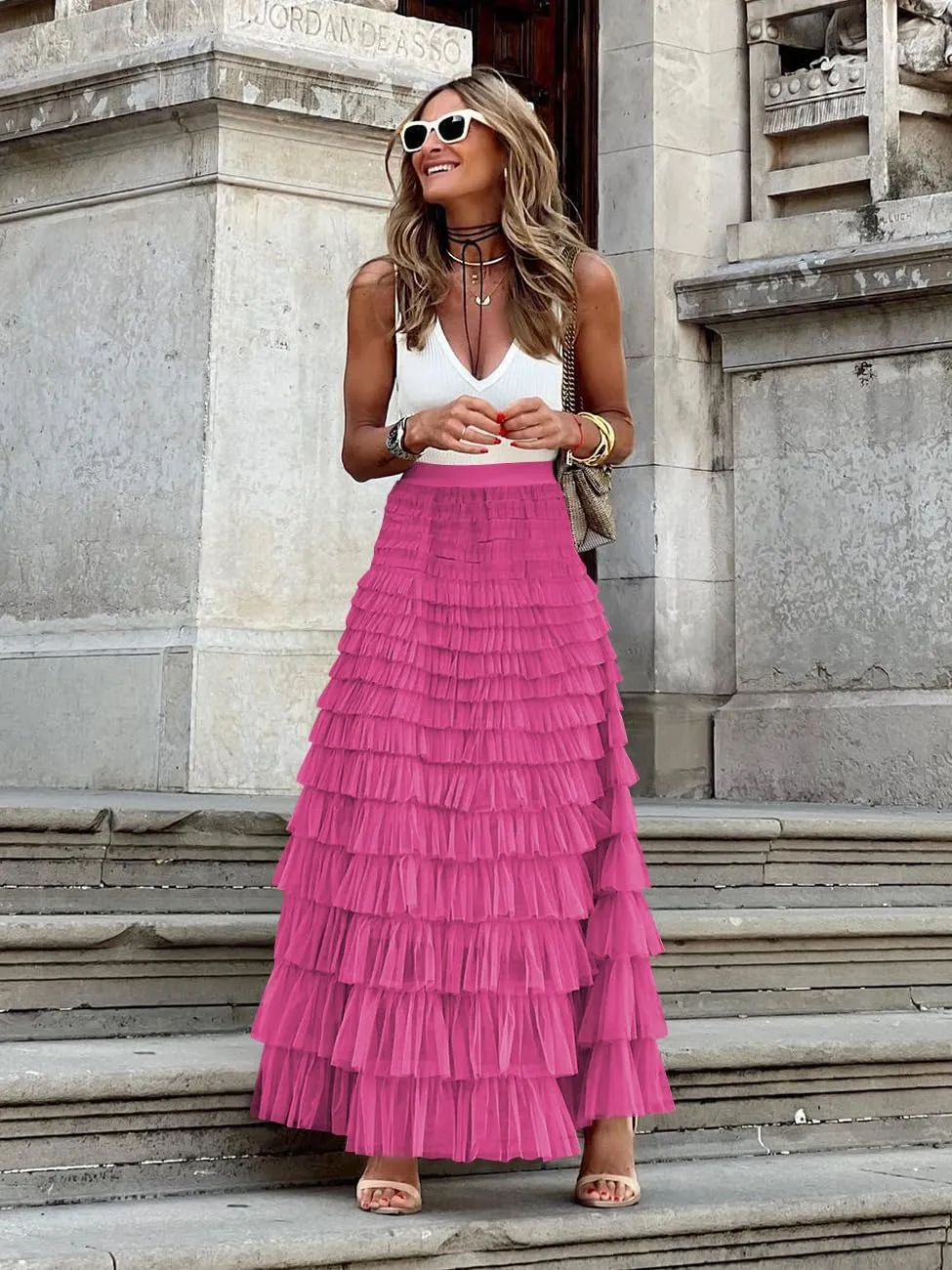 Women's Tiered Maxi Skirt A Line Ruffle Mesh Long Tulle Skirts High Waisted Layered Skirts Petticoat