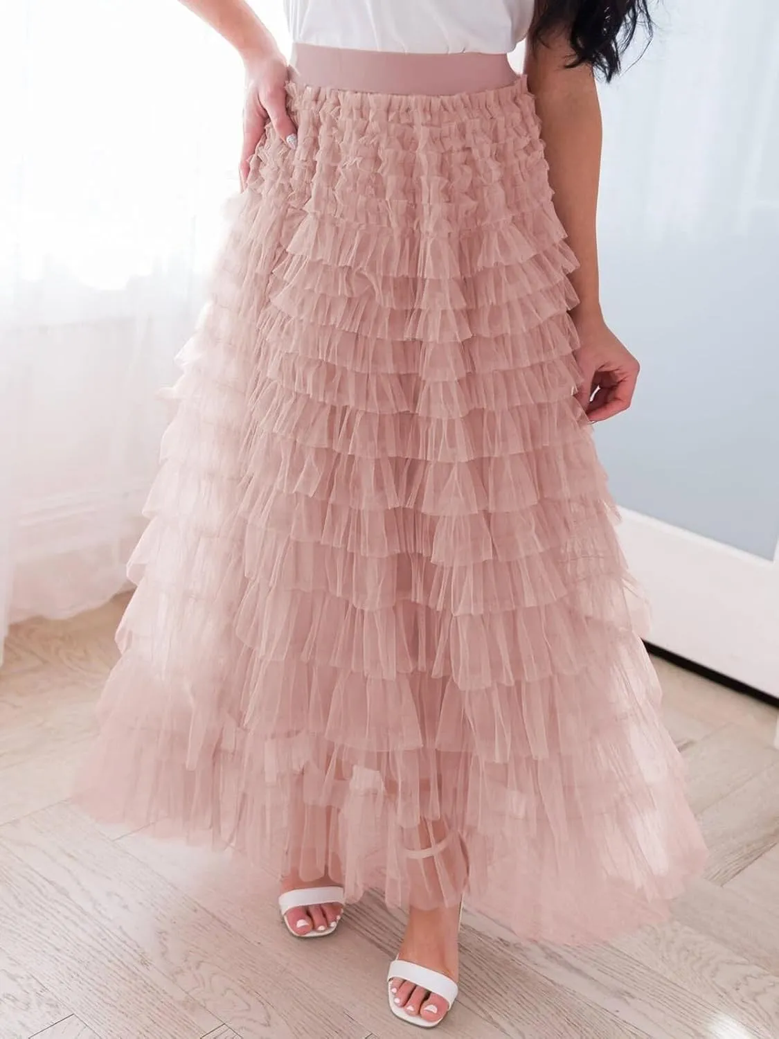 Women's Tiered Maxi Skirt A Line Ruffle Mesh Long Tulle Skirts High Waisted Layered Skirts Petticoat