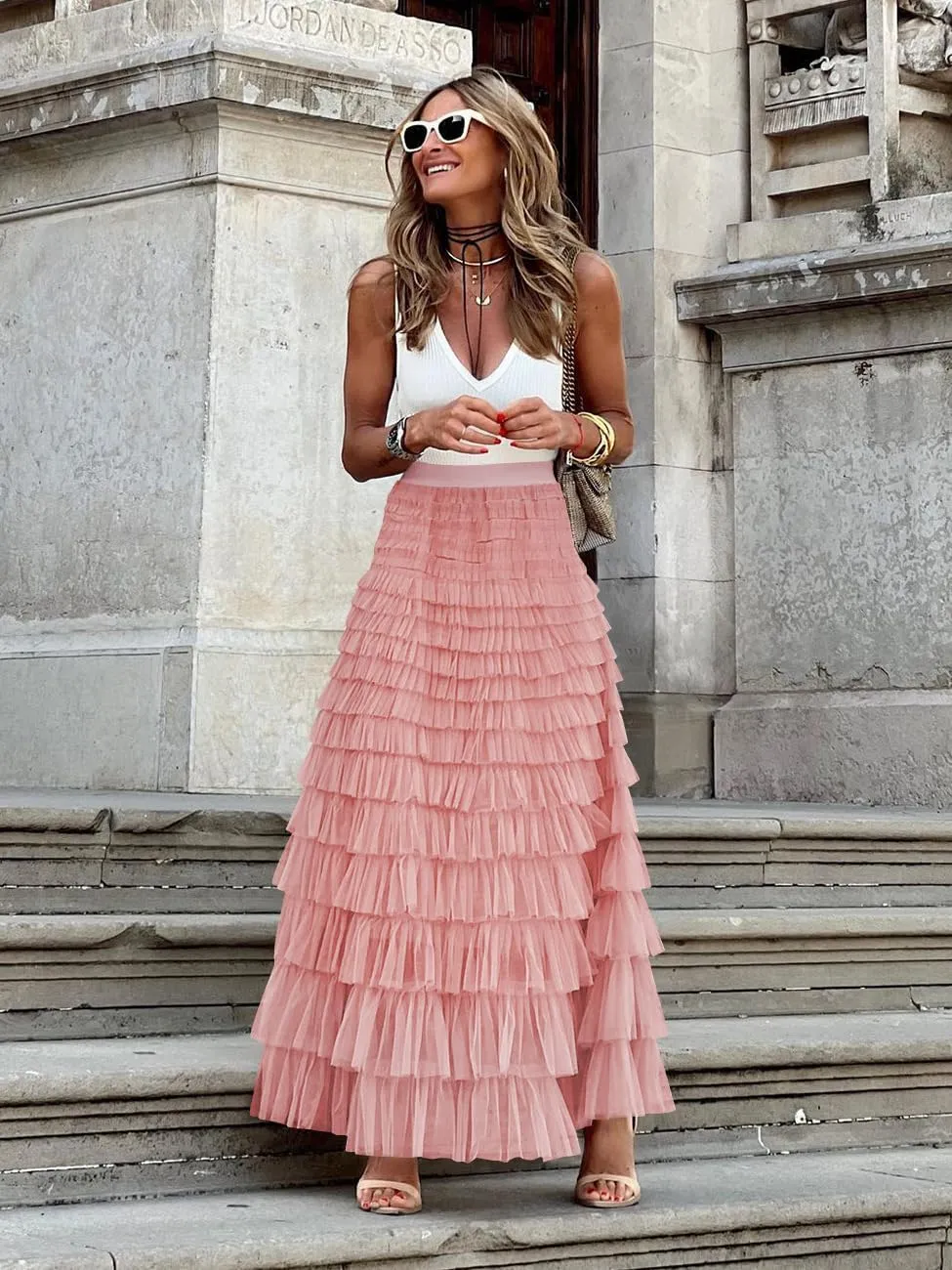 Women's Tiered Maxi Skirt A Line Ruffle Mesh Long Tulle Skirts High Waisted Layered Skirts Petticoat