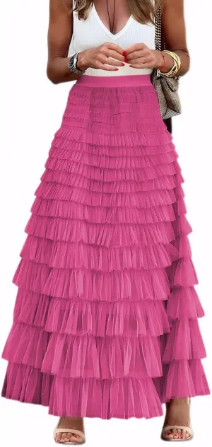 Women's Tiered Maxi Skirt A Line Ruffle Mesh Long Tulle Skirts High Waisted Layered Skirts Petticoat