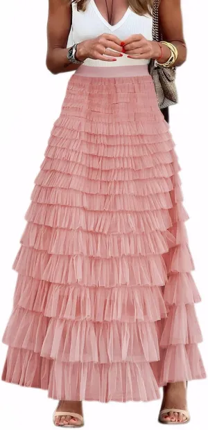 Women's Tiered Maxi Skirt A Line Ruffle Mesh Long Tulle Skirts High Waisted Layered Skirts Petticoat