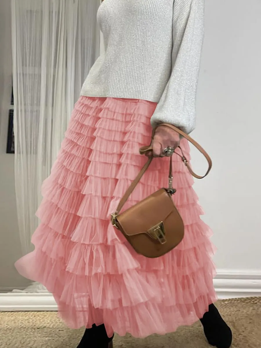Women's Tiered Maxi Skirt A Line Ruffle Mesh Long Tulle Skirts High Waisted Layered Skirts Petticoat