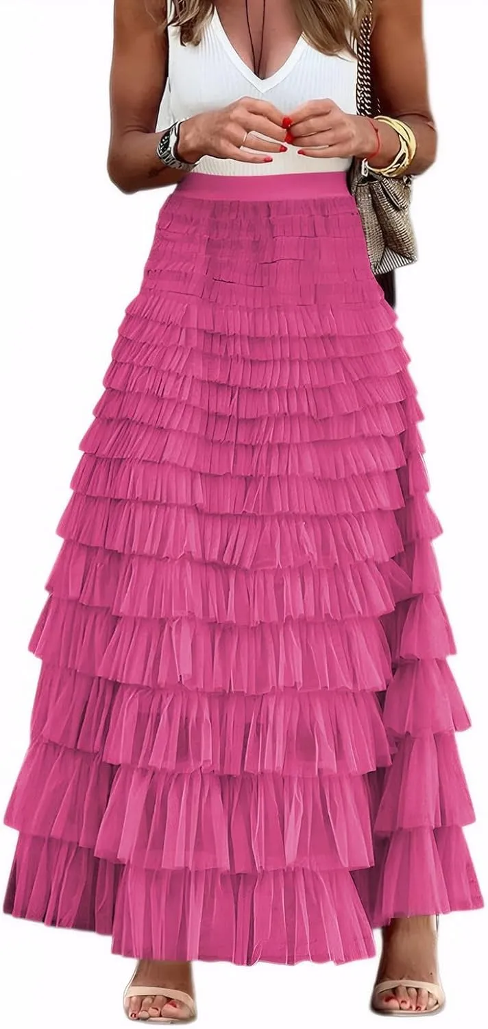 Women's Tiered Maxi Skirt A Line Ruffle Mesh Long Tulle Skirts High Waisted Layered Skirts Petticoat