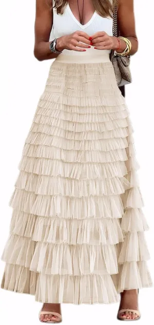 Women's Tiered Maxi Skirt A Line Ruffle Mesh Long Tulle Skirts High Waisted Layered Skirts Petticoat