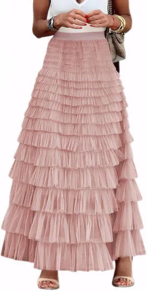 Women's Tiered Maxi Skirt A Line Ruffle Mesh Long Tulle Skirts High Waisted Layered Skirts Petticoat