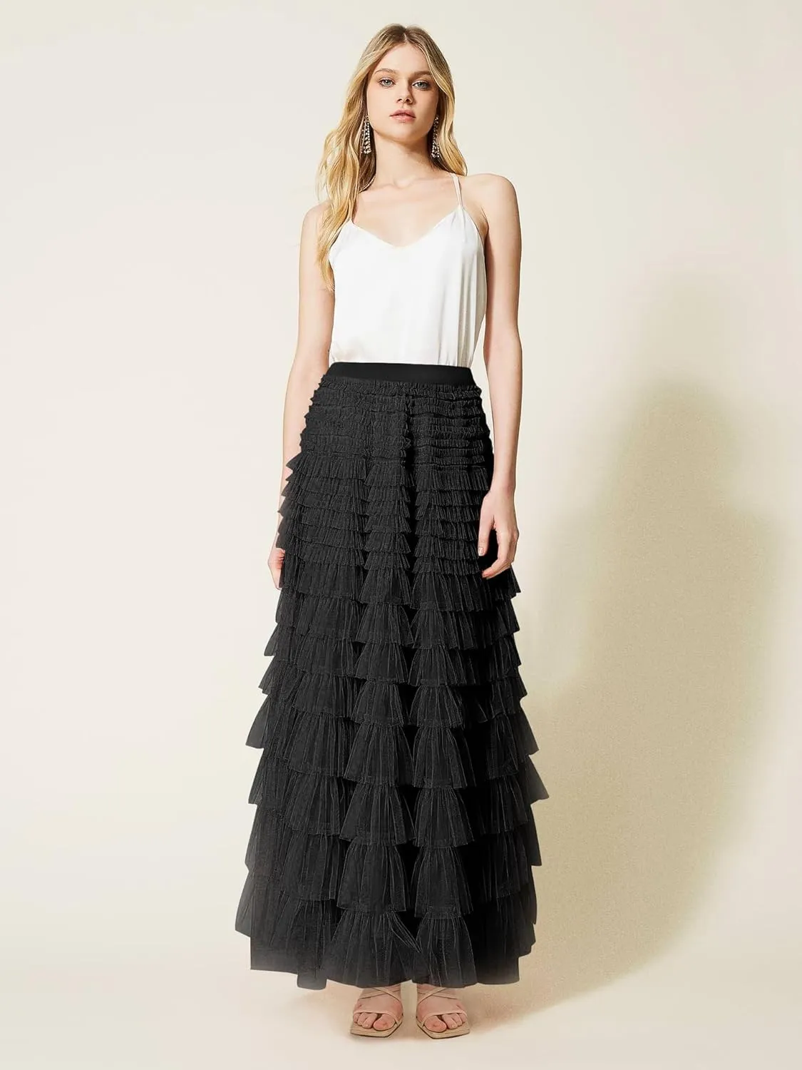Women's Tiered Maxi Skirt A Line Ruffle Mesh Long Tulle Skirts High Waisted Layered Skirts Petticoat