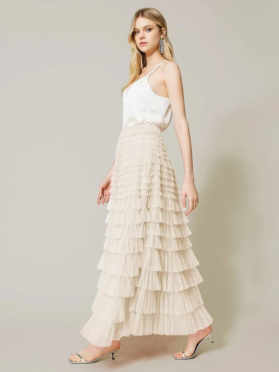 Women's Tiered Maxi Skirt A Line Ruffle Mesh Long Tulle Skirts High Waisted Layered Skirts Petticoat