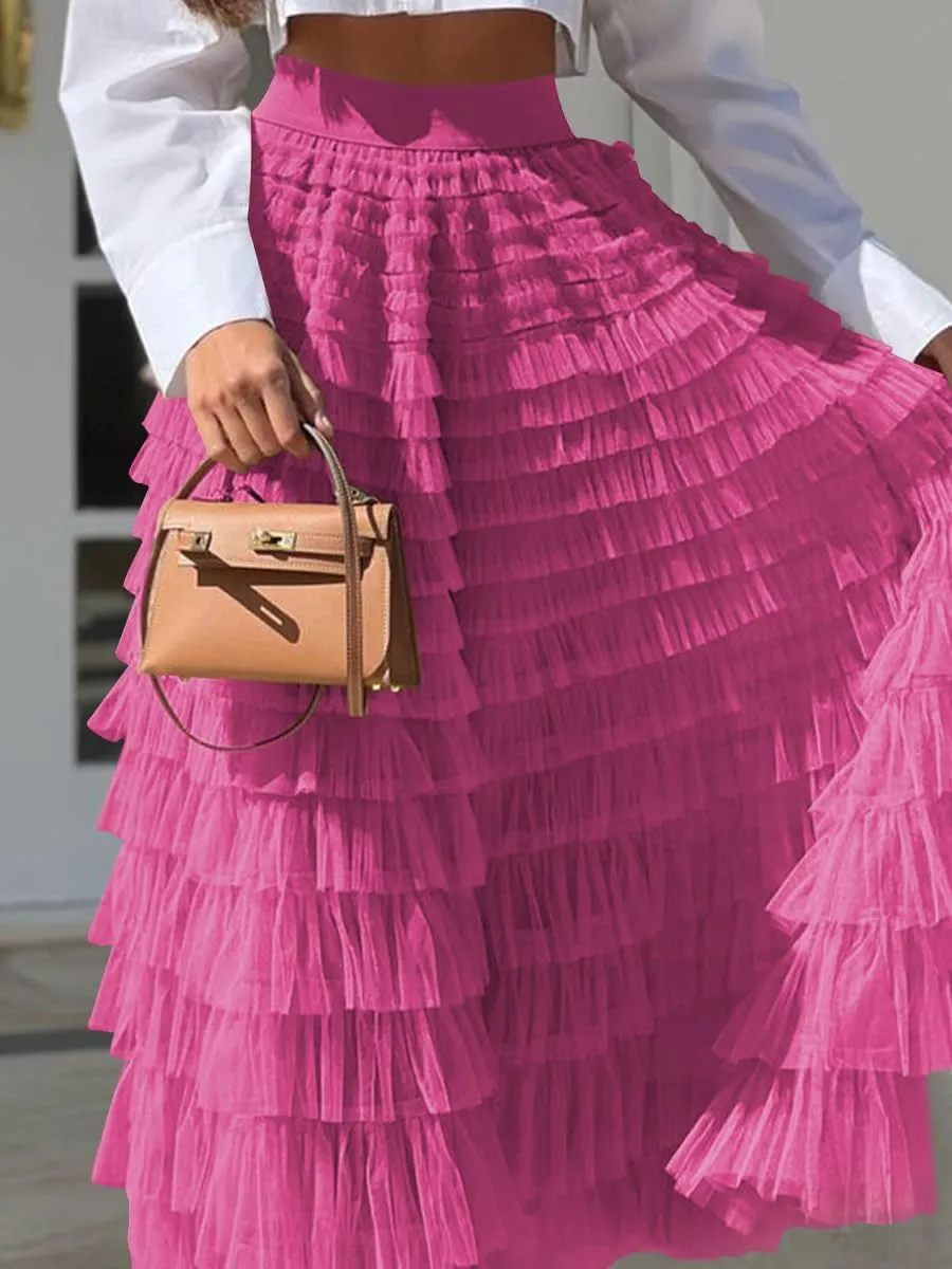 Women's Tiered Maxi Skirt A Line Ruffle Mesh Long Tulle Skirts High Waisted Layered Skirts Petticoat