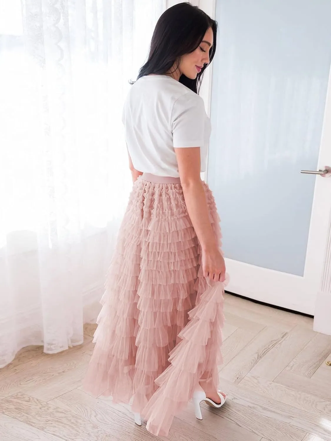Women's Tiered Maxi Skirt A Line Ruffle Mesh Long Tulle Skirts High Waisted Layered Skirts Petticoat