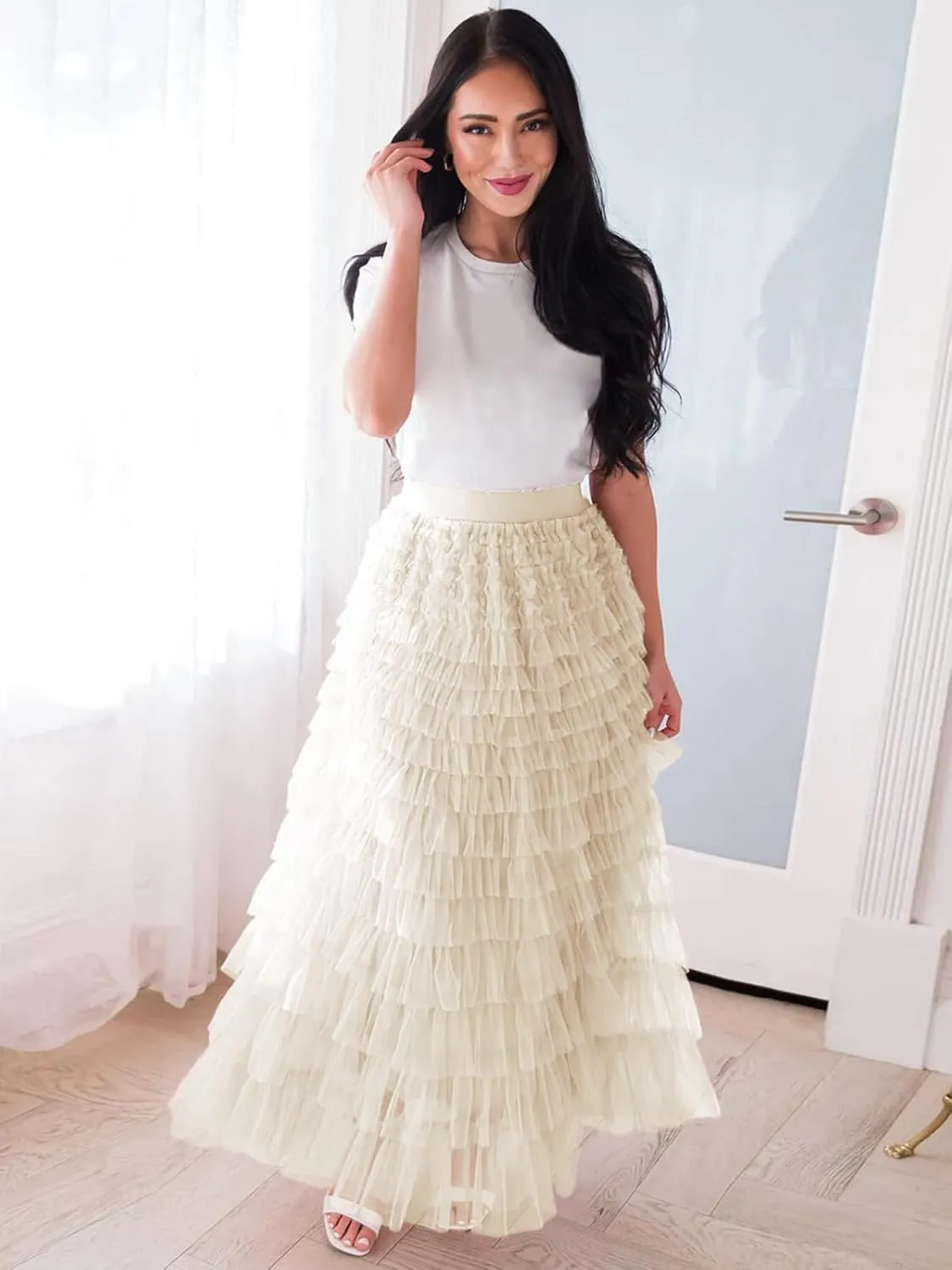 Women's Tiered Maxi Skirt A Line Ruffle Mesh Long Tulle Skirts High Waisted Layered Skirts Petticoat