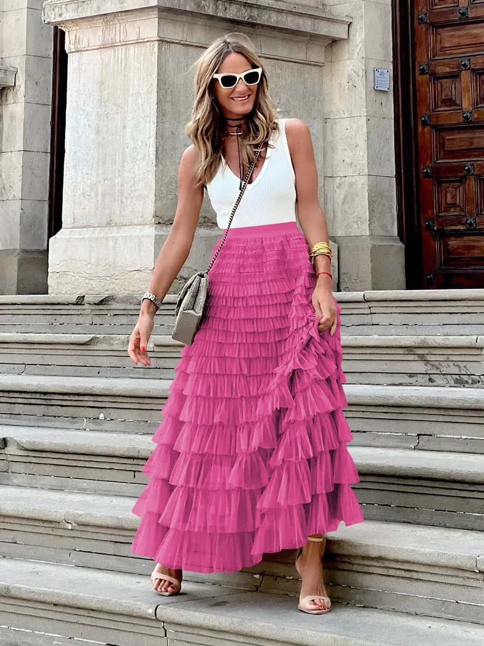 Women's Tiered Maxi Skirt A Line Ruffle Mesh Long Tulle Skirts High Waisted Layered Skirts Petticoat