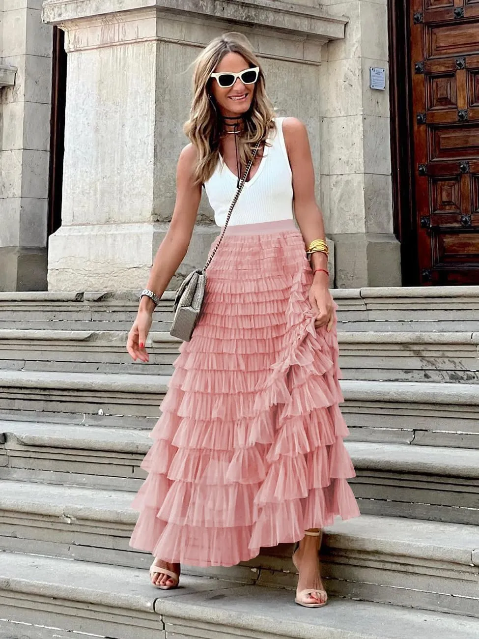 Women's Tiered Maxi Skirt A Line Ruffle Mesh Long Tulle Skirts High Waisted Layered Skirts Petticoat