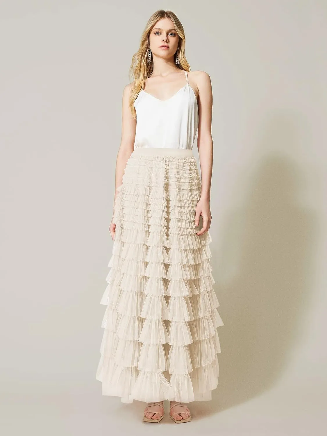 Women's Tiered Maxi Skirt A Line Ruffle Mesh Long Tulle Skirts High Waisted Layered Skirts Petticoat