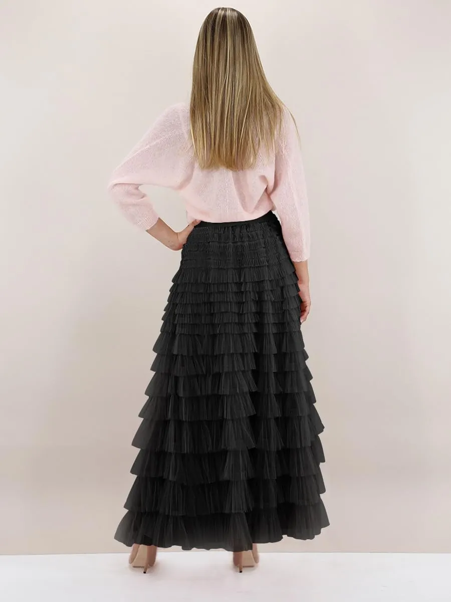 Women's Tiered Maxi Skirt A Line Ruffle Mesh Long Tulle Skirts High Waisted Layered Skirts Petticoat