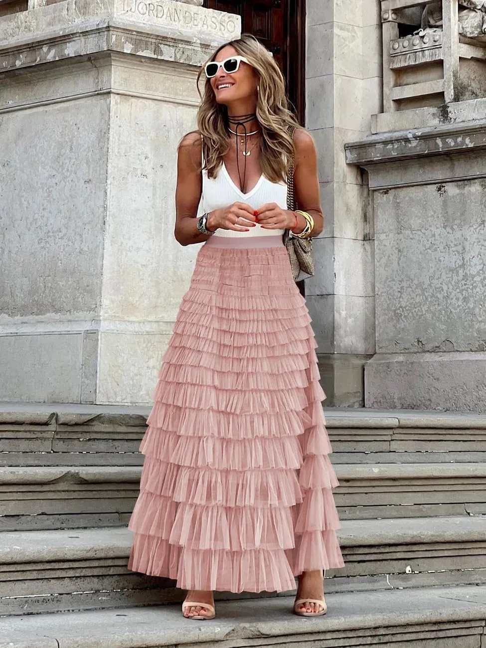 Women's Tiered Maxi Skirt A Line Ruffle Mesh Long Tulle Skirts High Waisted Layered Skirts Petticoat
