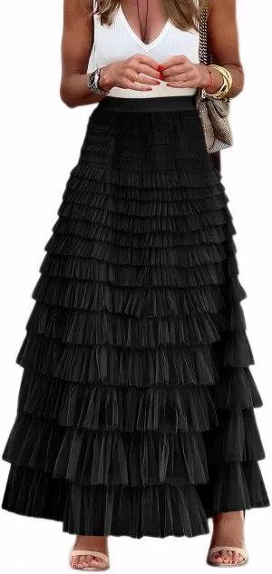 Women's Tiered Maxi Skirt A Line Ruffle Mesh Long Tulle Skirts High Waisted Layered Skirts Petticoat