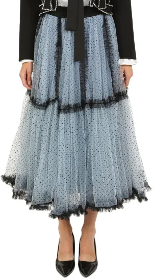 Womens Tulle Long Skirts Elastic High Waist Ruffle Hem Tutu Skirts Fluffy A-line Midi Skirts