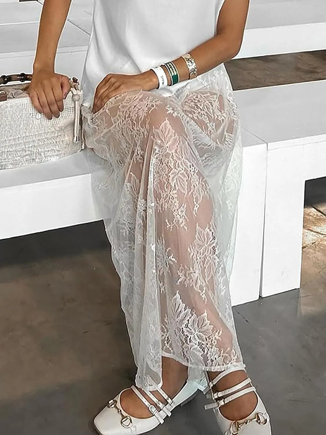 Women's Vintage Floral Lace Maxi Skirt Sheer Mesh See Through Cover up Long Skirts