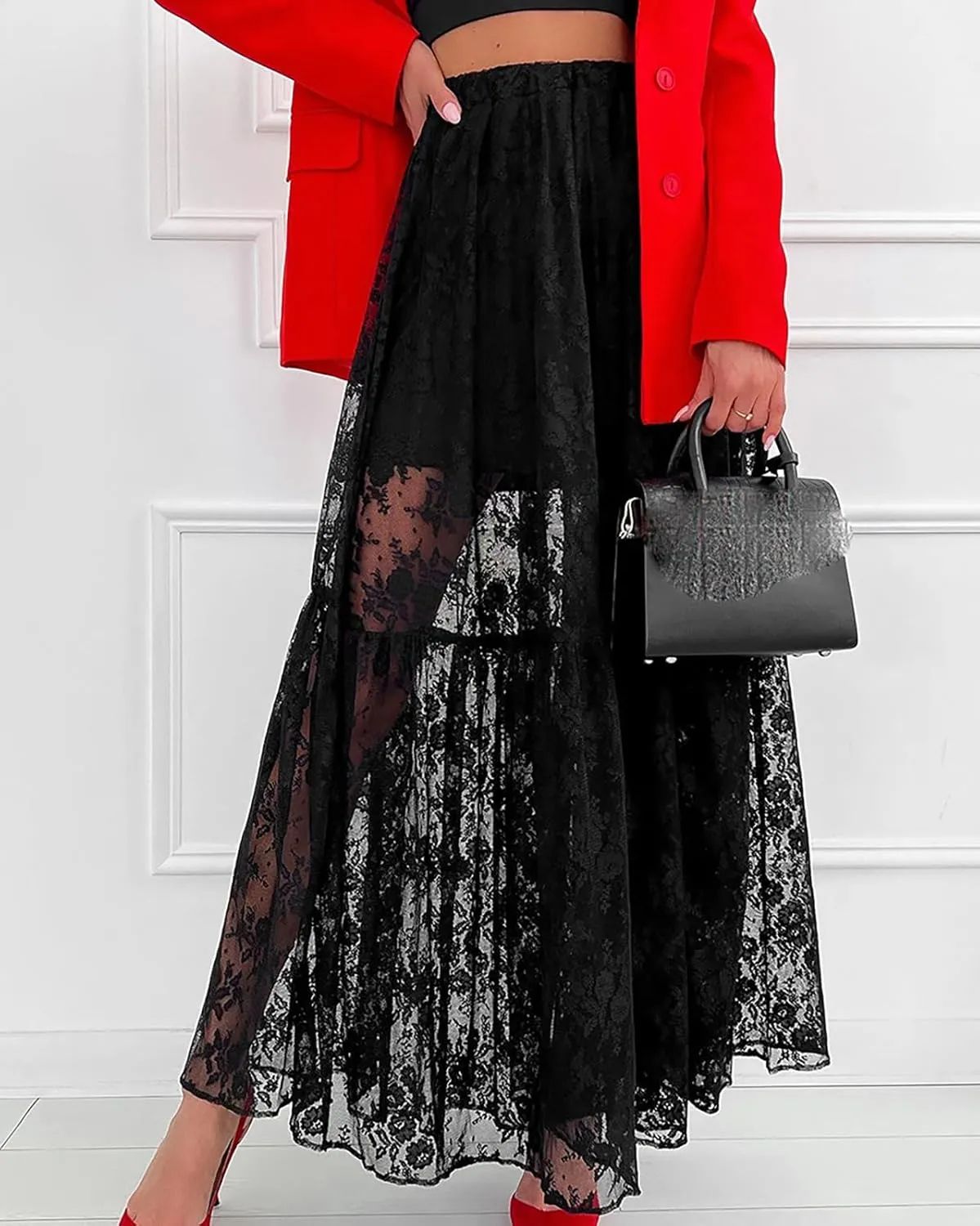 Women's Vintage Floral Lace Maxi Skirt Sheer Mesh See Through Cover up Long Skirts
