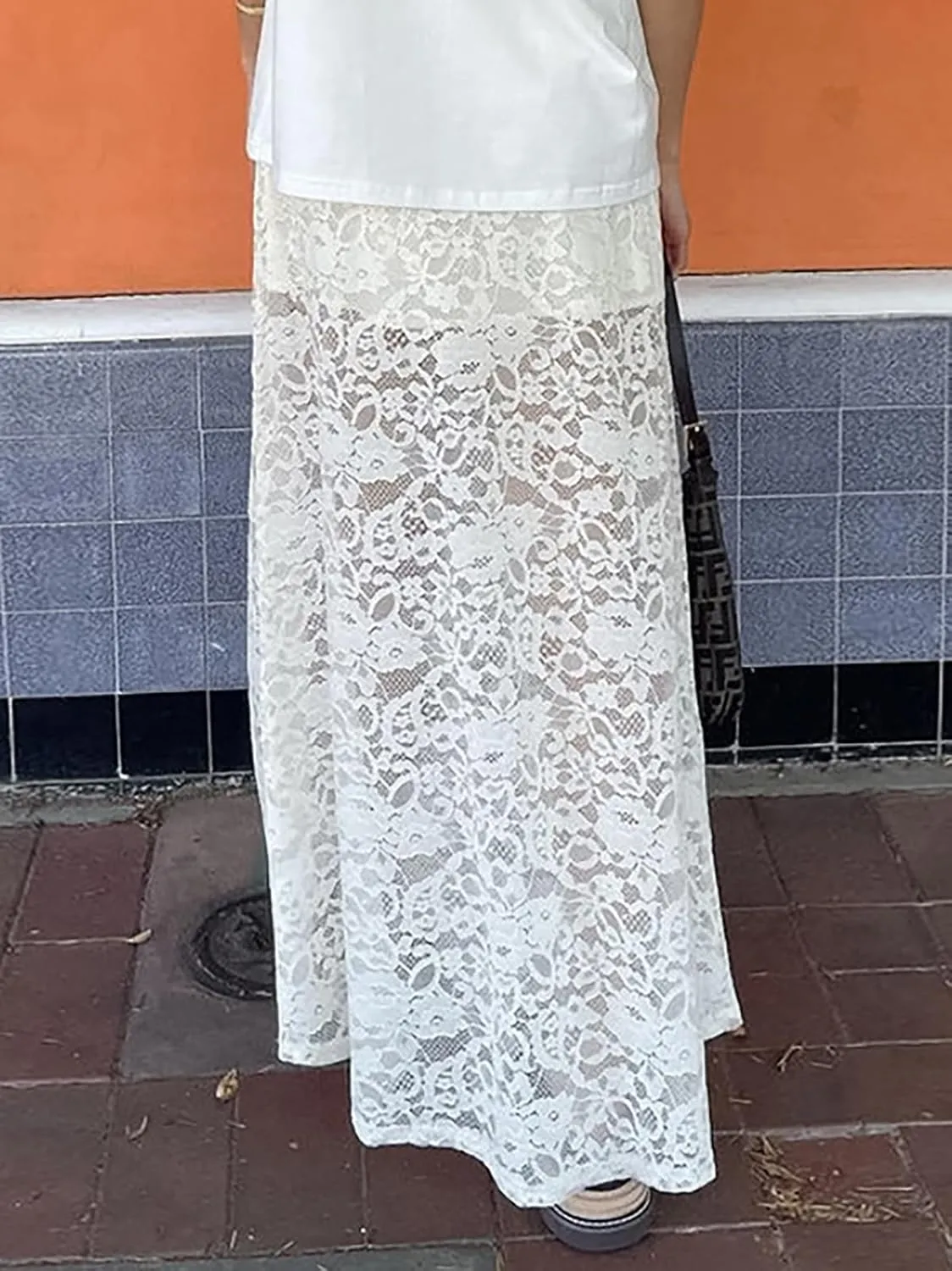 Women's Vintage Floral Lace Maxi Skirt Sheer Mesh See Through Cover up Long Skirts