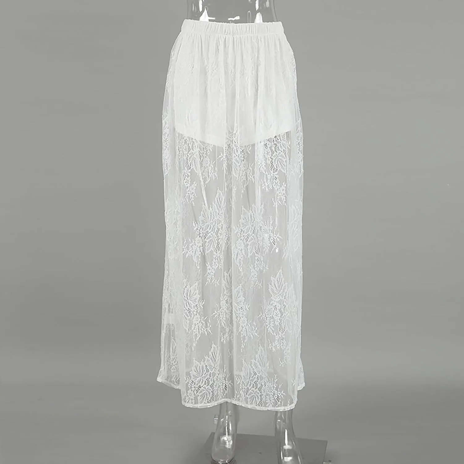 Women's Vintage Floral Lace Maxi Skirt Sheer Mesh See Through Cover up Long Skirts