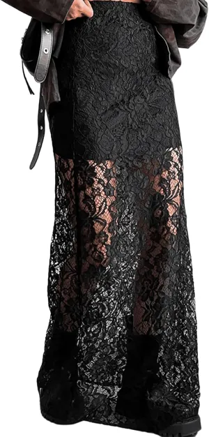 Women's Vintage Floral Lace Maxi Skirt Sheer Mesh See Through Cover up Long Skirts