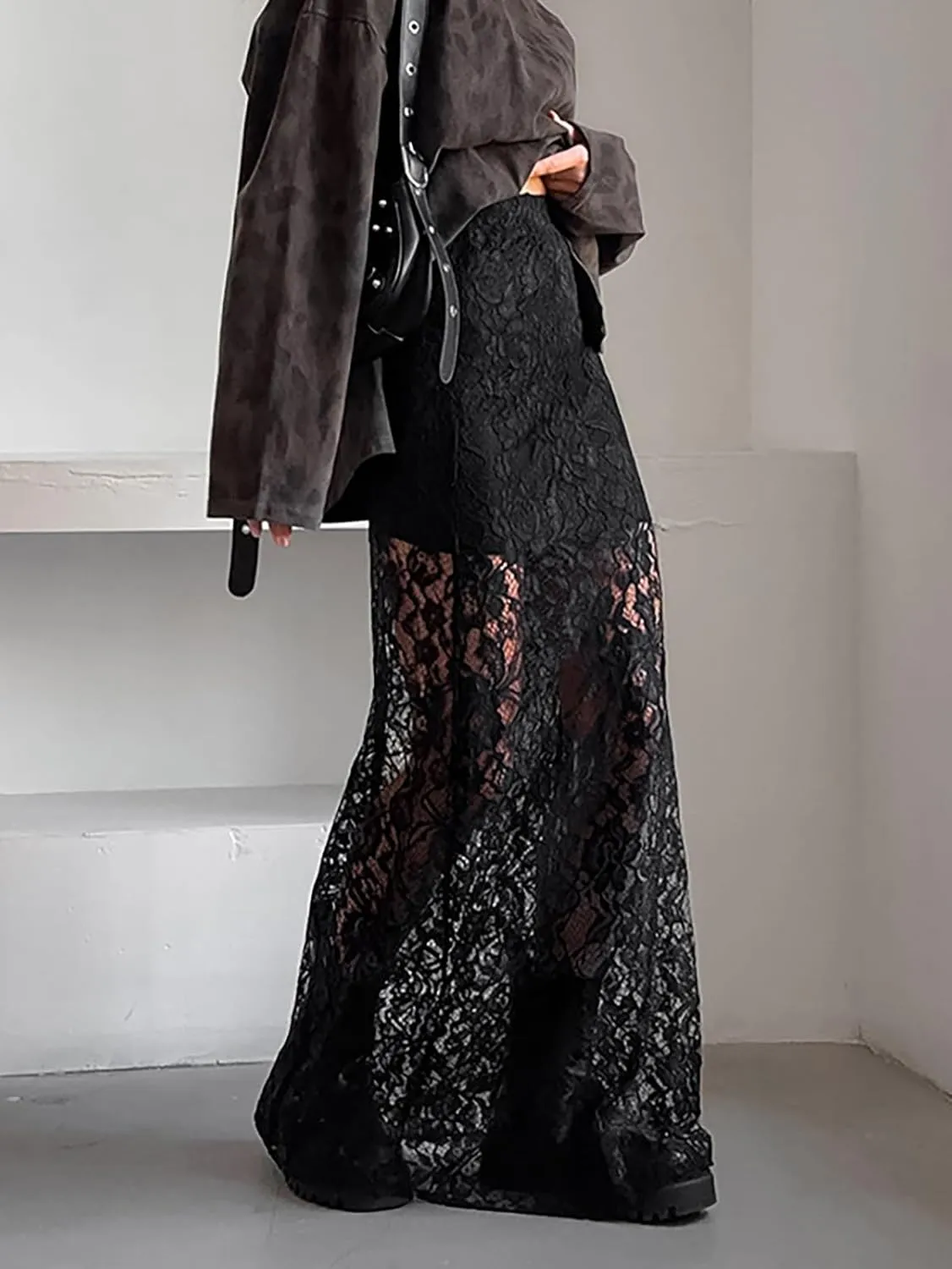 Women's Vintage Floral Lace Maxi Skirt Sheer Mesh See Through Cover up Long Skirts