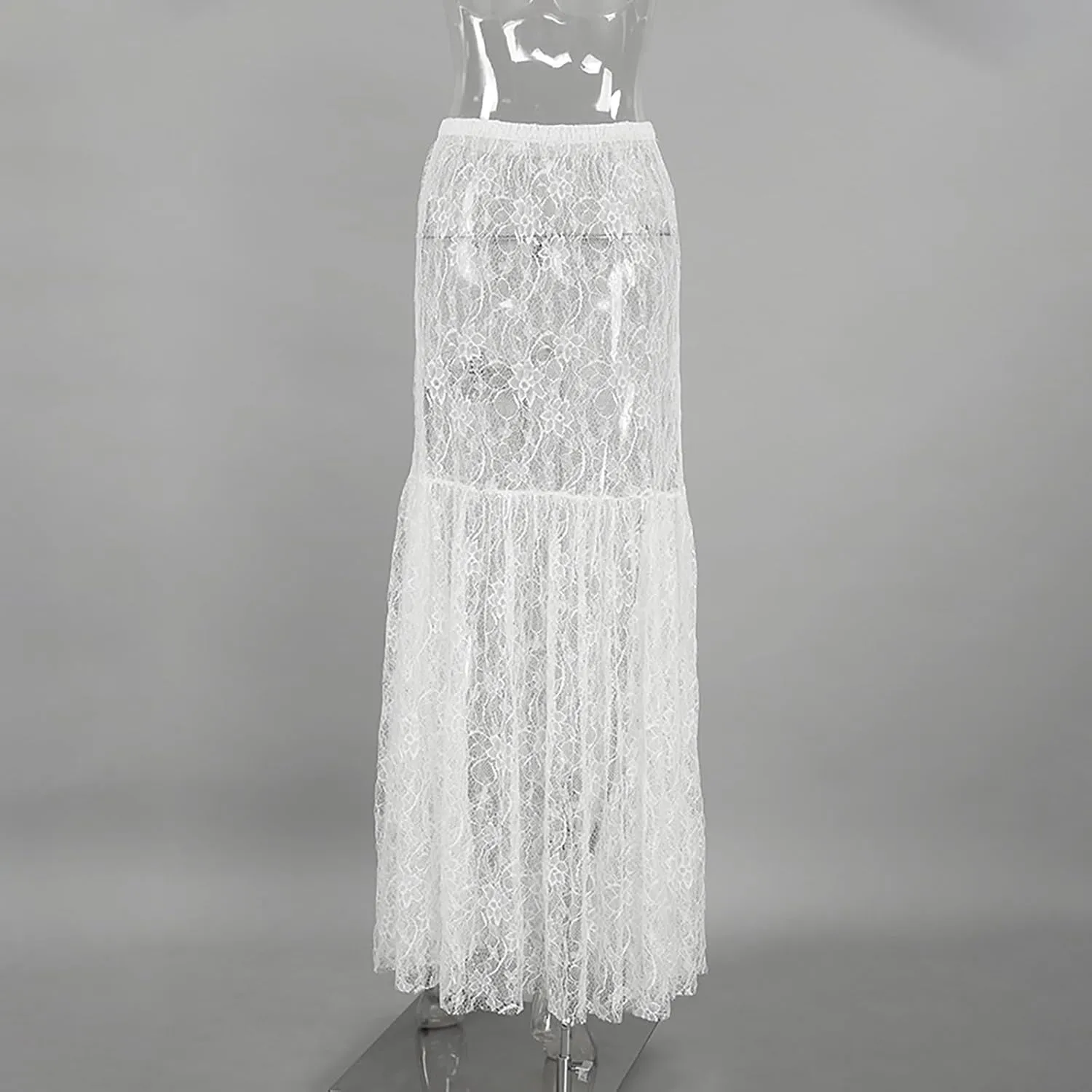 Women's Vintage Floral Lace Maxi Skirt Sheer Mesh See Through Cover up Long Skirts