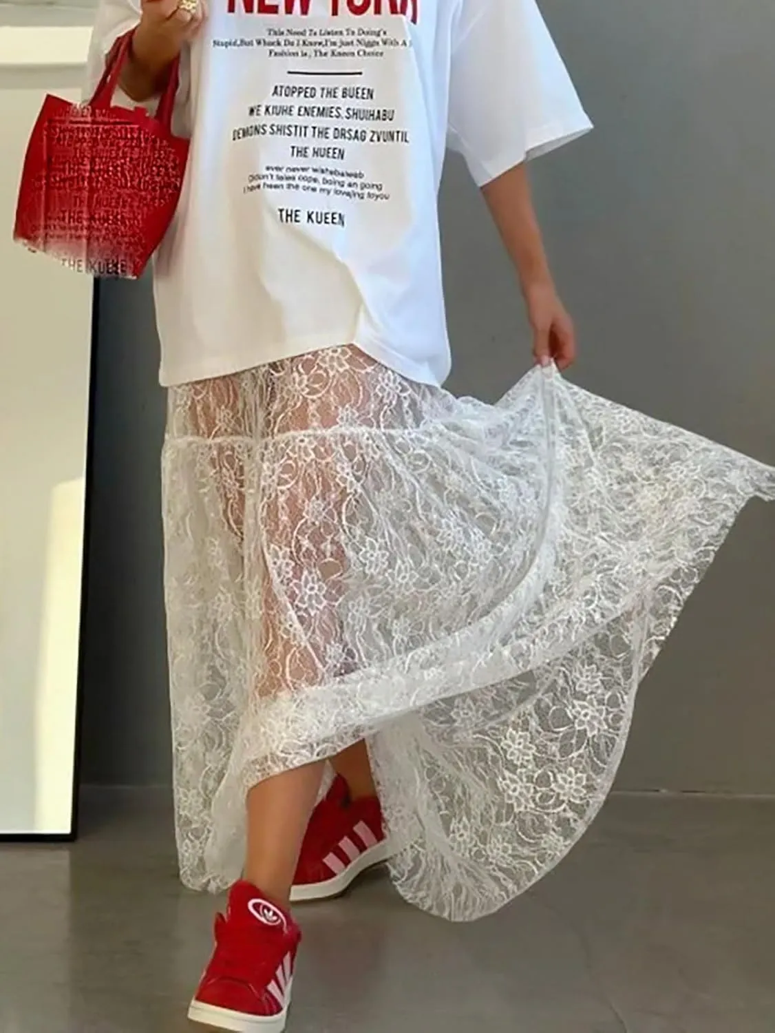 Women's Vintage Floral Lace Maxi Skirt Sheer Mesh See Through Cover up Long Skirts