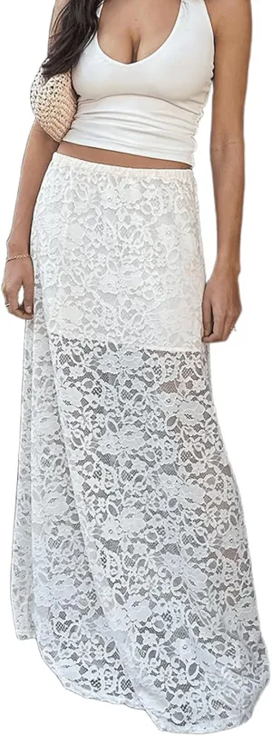 Women's Vintage Floral Lace Maxi Skirt Sheer Mesh See Through Cover up Long Skirts