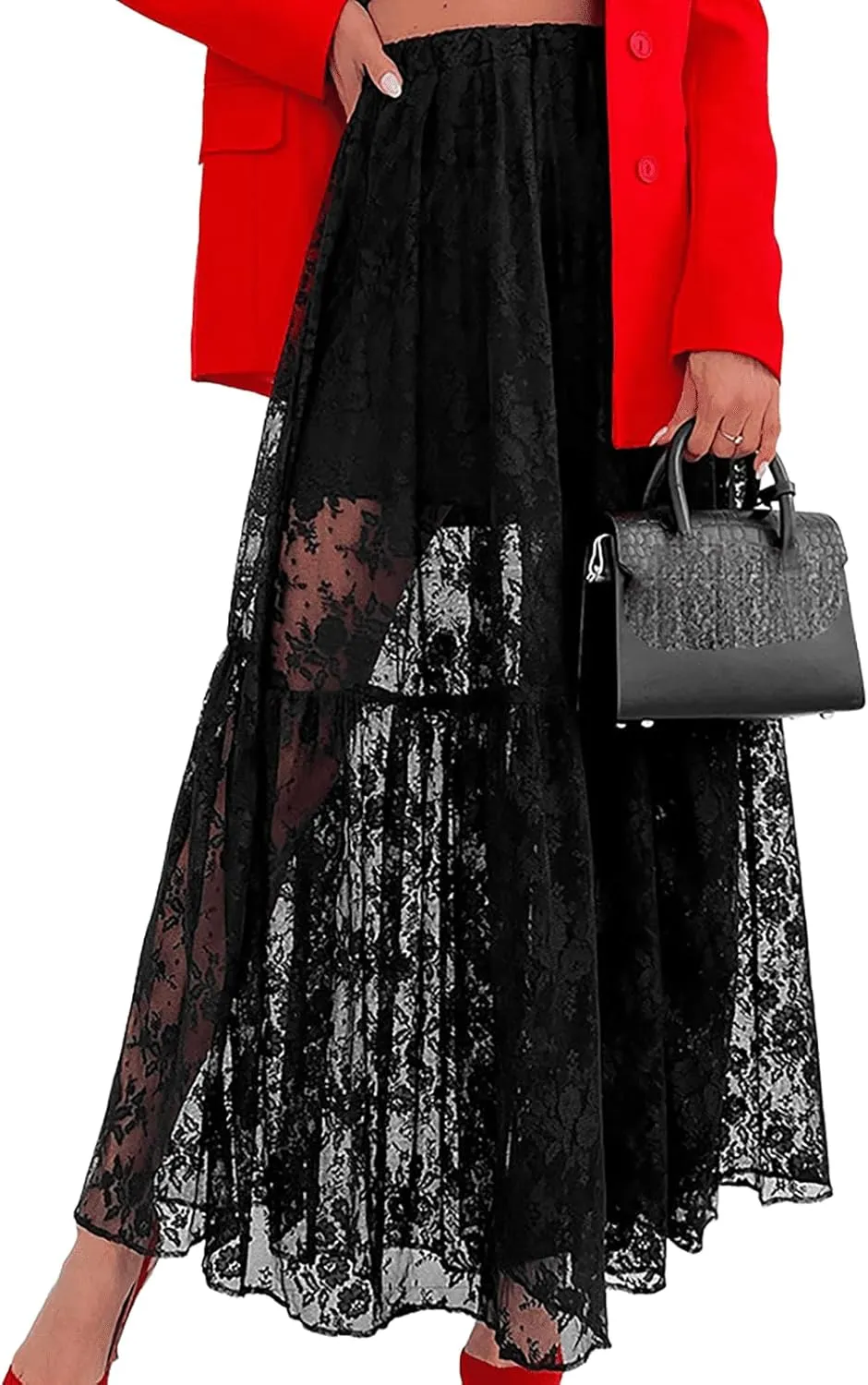 Women's Vintage Floral Lace Maxi Skirt Sheer Mesh See Through Cover up Long Skirts