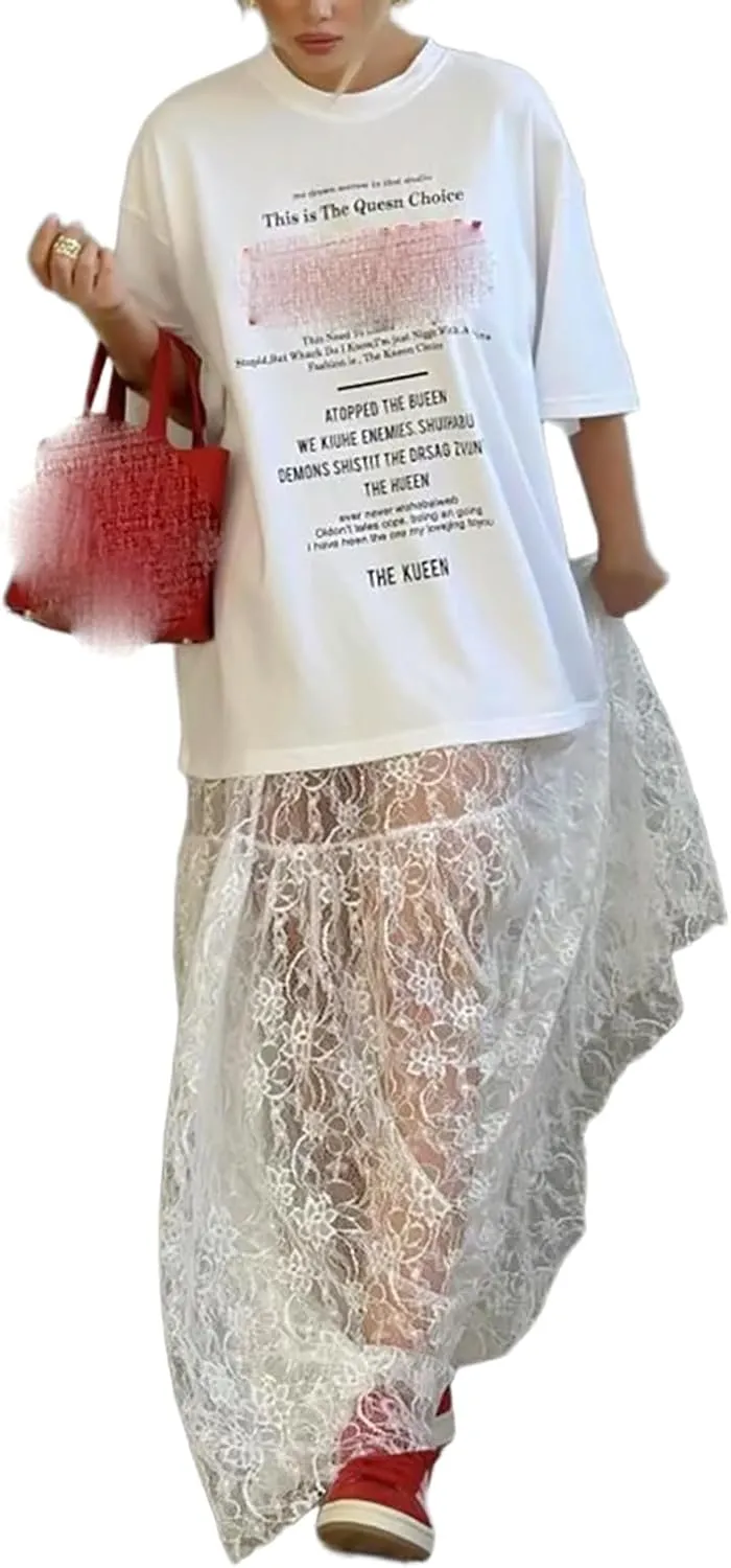 Women's Vintage Floral Lace Maxi Skirt Sheer Mesh See Through Cover up Long Skirts