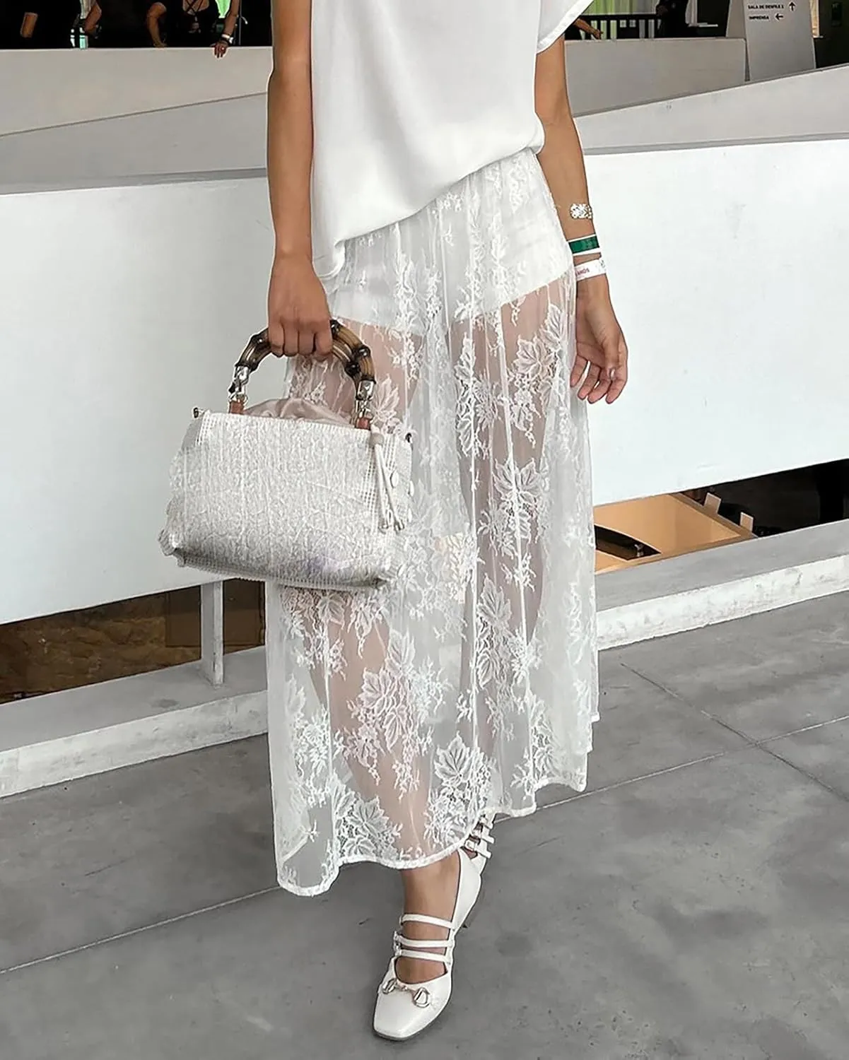 Women's Vintage Floral Lace Maxi Skirt Sheer Mesh See Through Cover up Long Skirts