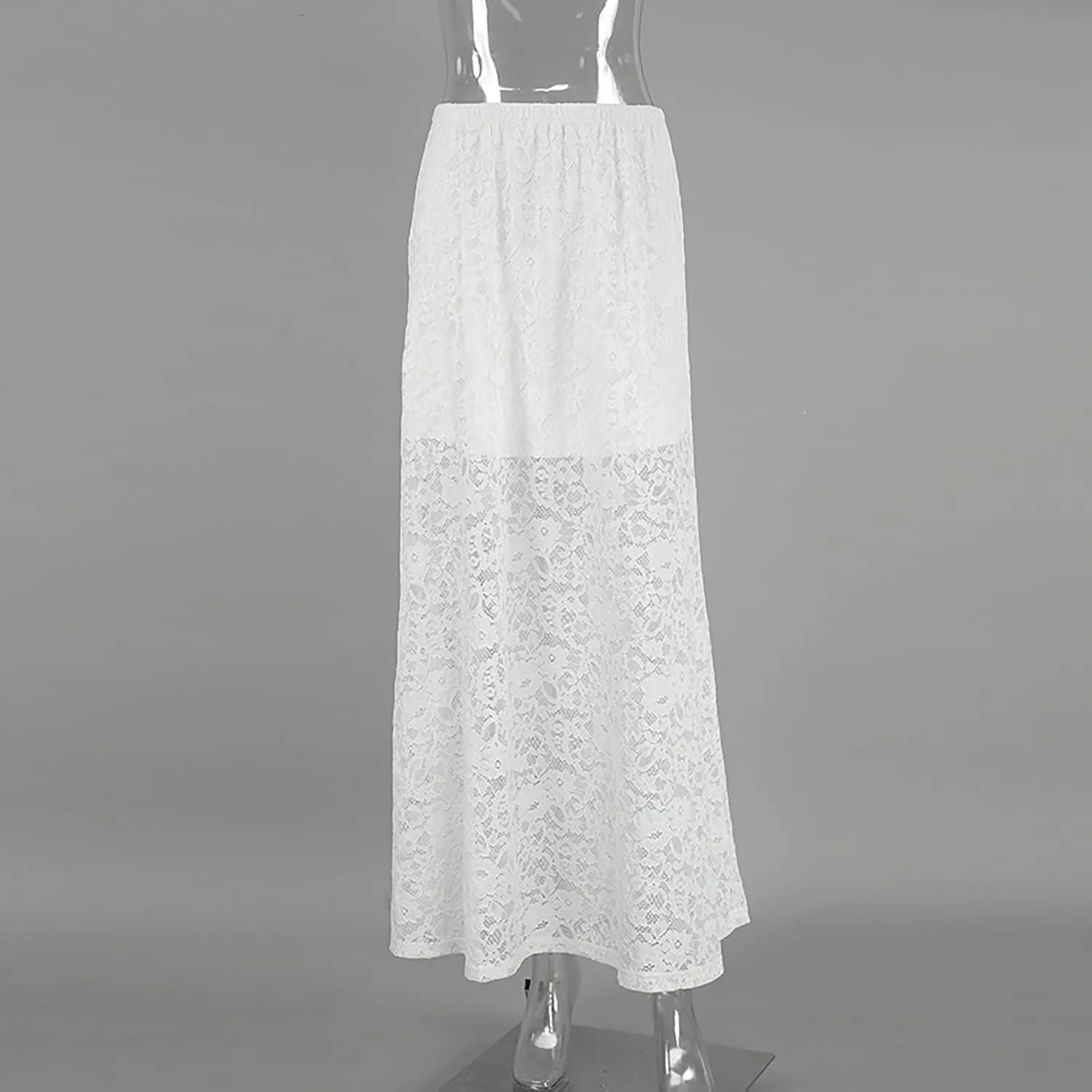 Women's Vintage Floral Lace Maxi Skirt Sheer Mesh See Through Cover up Long Skirts
