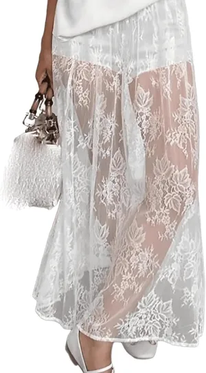 Women's Vintage Floral Lace Maxi Skirt Sheer Mesh See Through Cover up Long Skirts