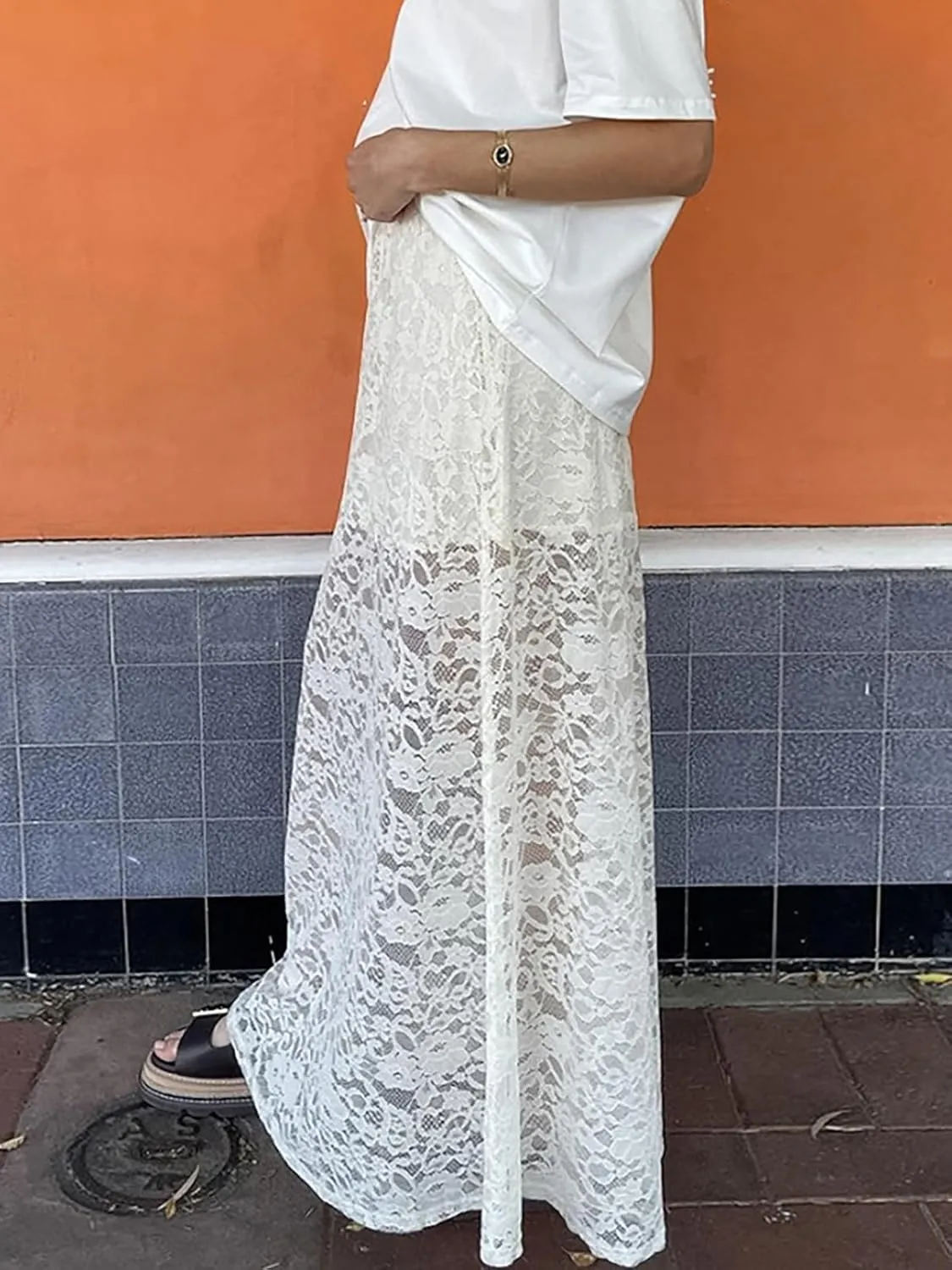 Women's Vintage Floral Lace Maxi Skirt Sheer Mesh See Through Cover up Long Skirts