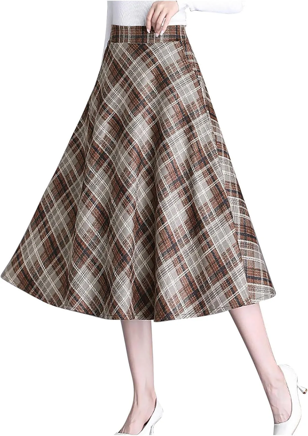Womens Wool Midi Skirts Classic Plaid Skirt High Elastic Waist Pleated Flowy Swing A Line Flared Woolen Skirts