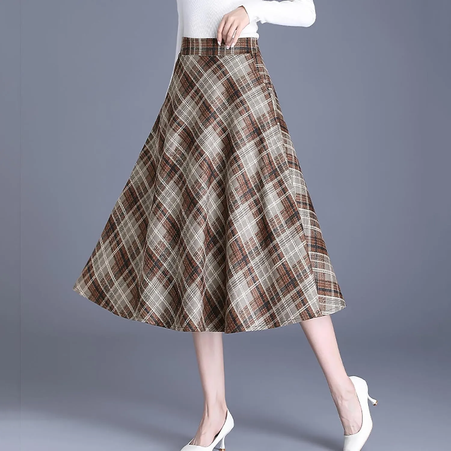 Womens Wool Midi Skirts Classic Plaid Skirt High Elastic Waist Pleated Flowy Swing A Line Flared Woolen Skirts