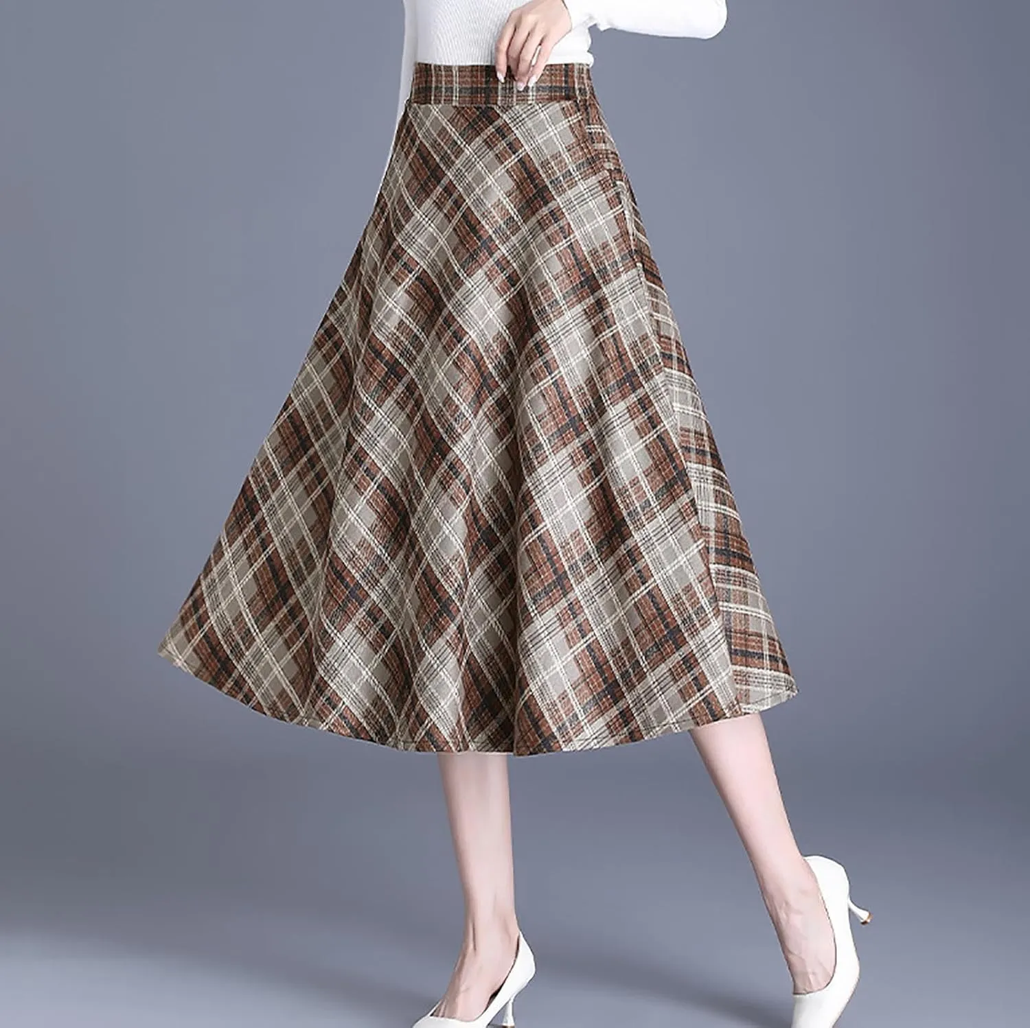 Womens Wool Midi Skirts Classic Plaid Skirt High Elastic Waist Pleated Flowy Swing A Line Flared Woolen Skirts