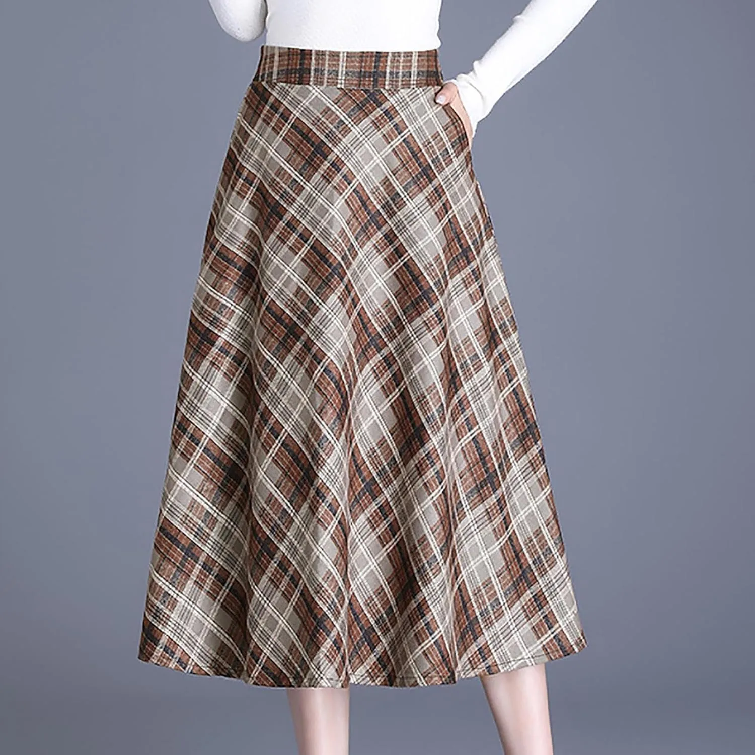 Womens Wool Midi Skirts Classic Plaid Skirt High Elastic Waist Pleated Flowy Swing A Line Flared Woolen Skirts