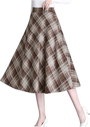 Womens Wool Midi Skirts Classic Plaid Skirt High Elastic Waist Pleated Flowy Swing A Line Flared Woolen Skirts