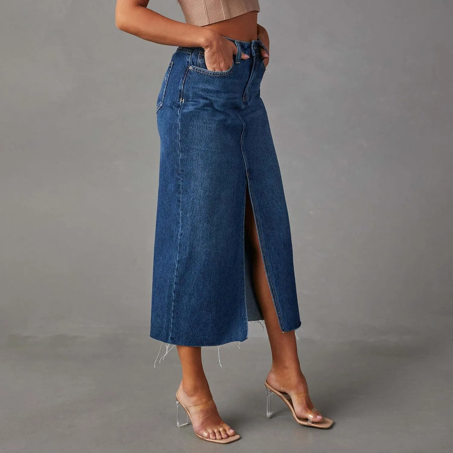 Women's Y2k Denim Midi Skirts Elegant Vintage High Waist Frayed Split A-Line Long Jean Skirts with Pockets