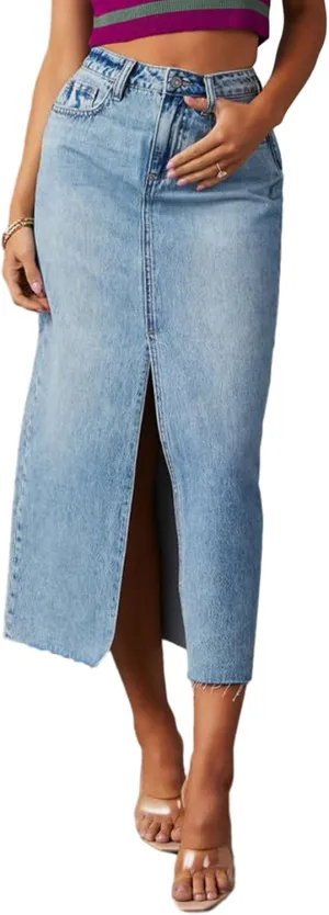 Women's Y2k Denim Midi Skirts Elegant Vintage High Waist Frayed Split A-Line Long Jean Skirts with Pockets
