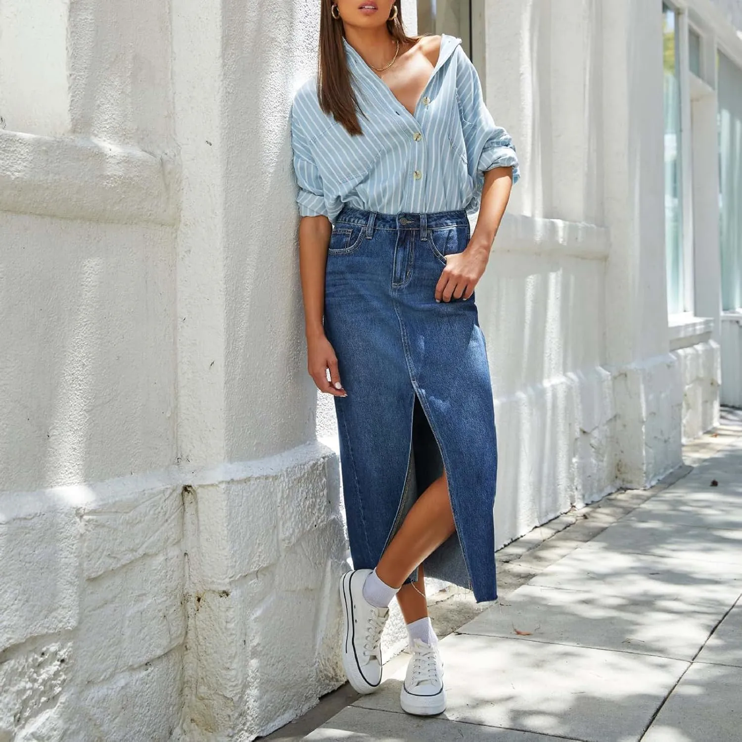 Women's Y2k Denim Midi Skirts Elegant Vintage High Waist Frayed Split A-Line Long Jean Skirts with Pockets