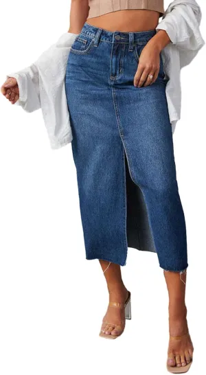 Women's Y2k Denim Midi Skirts Elegant Vintage High Waist Frayed Split A-Line Long Jean Skirts with Pockets